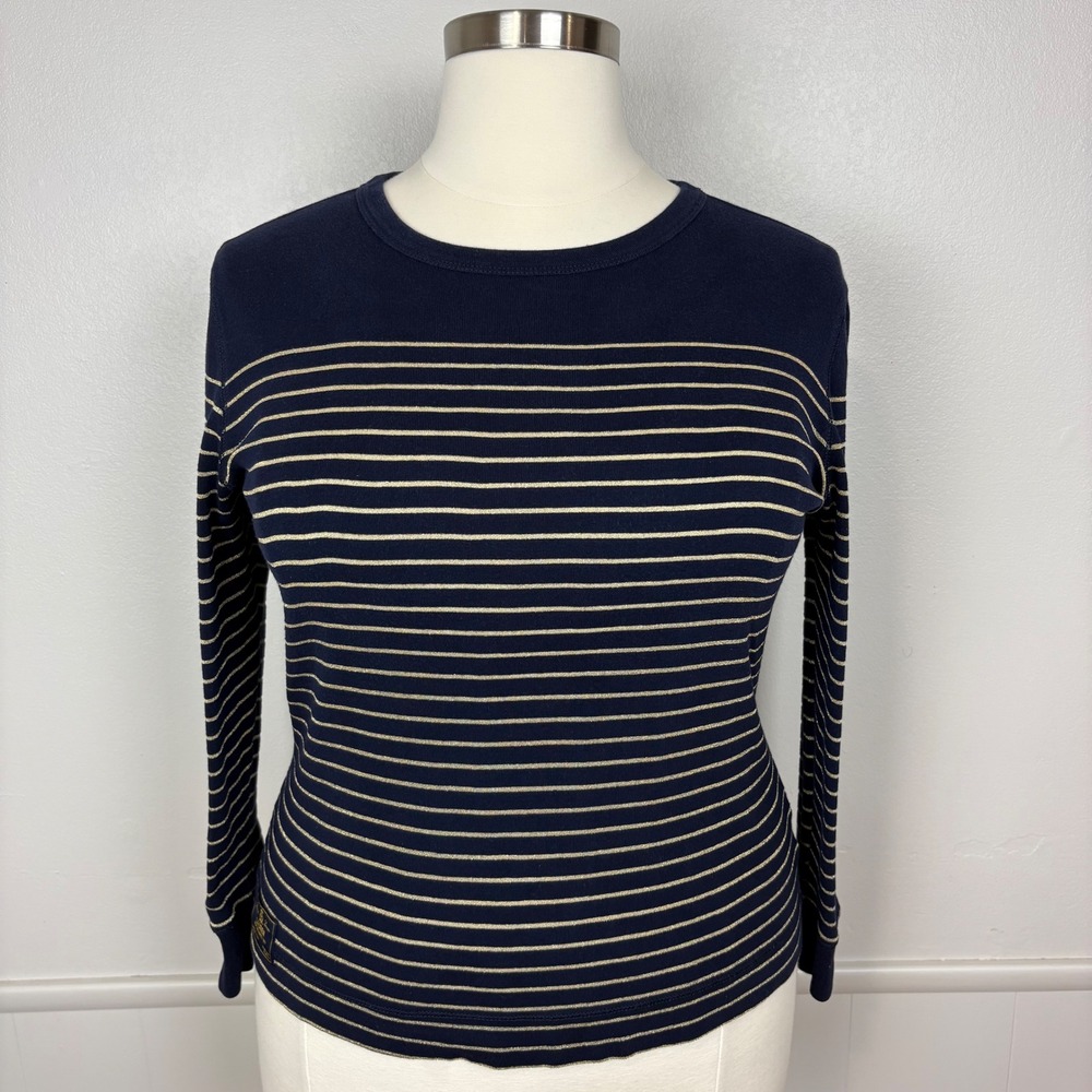 Ralph Lauren LRL Jeans Co. Pullover Long Sleeve Sz 1X Navy Metallic Gold Stripes
